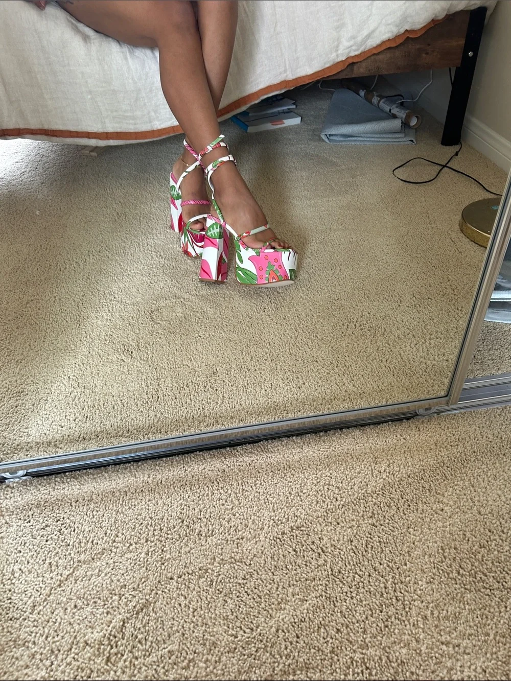 Cult Gaia Pink Floral Platform Sandals with Ankle Strap